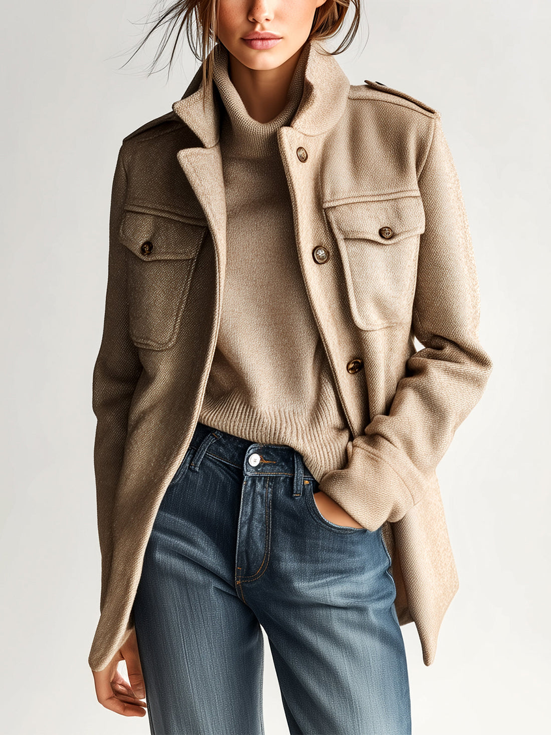ElevenOra Vintage Casual Khaki Wool Blend Stand Collar Epaulet Multi-Pocket Short Coat
