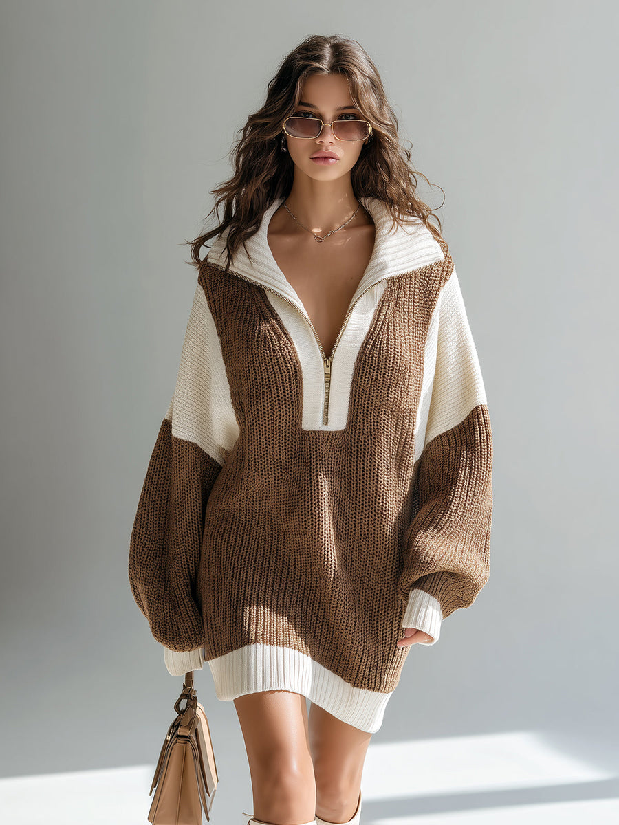 ElevenOra Chic Elegant Zip-Up Lapel Collar Oversized Long Sleeve Colorblock Knit Mini Dress