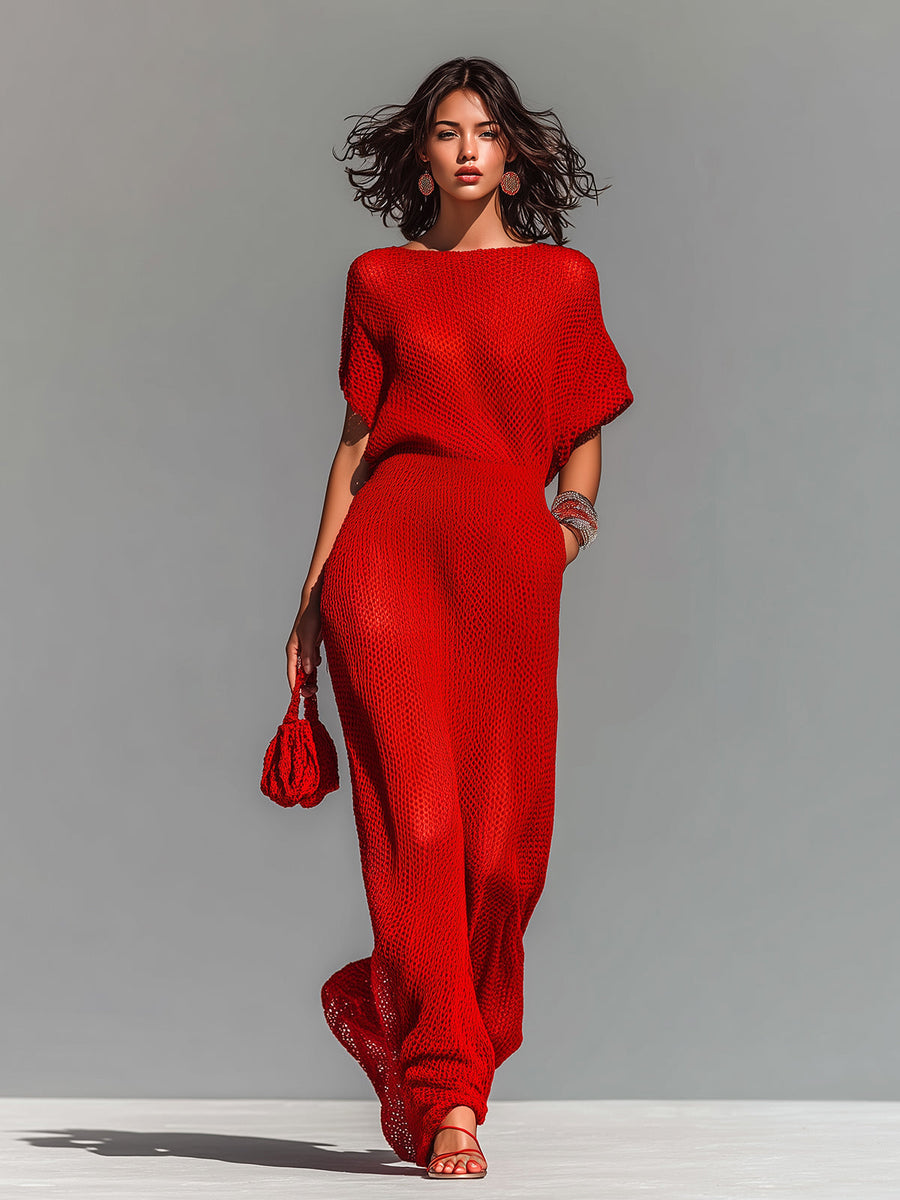 ElevenOra Chic Elegant Red Boat Neck Short-Sleeve Loose-Fit Breathable Knit Maxi Dress (Including A Slip Dress)
