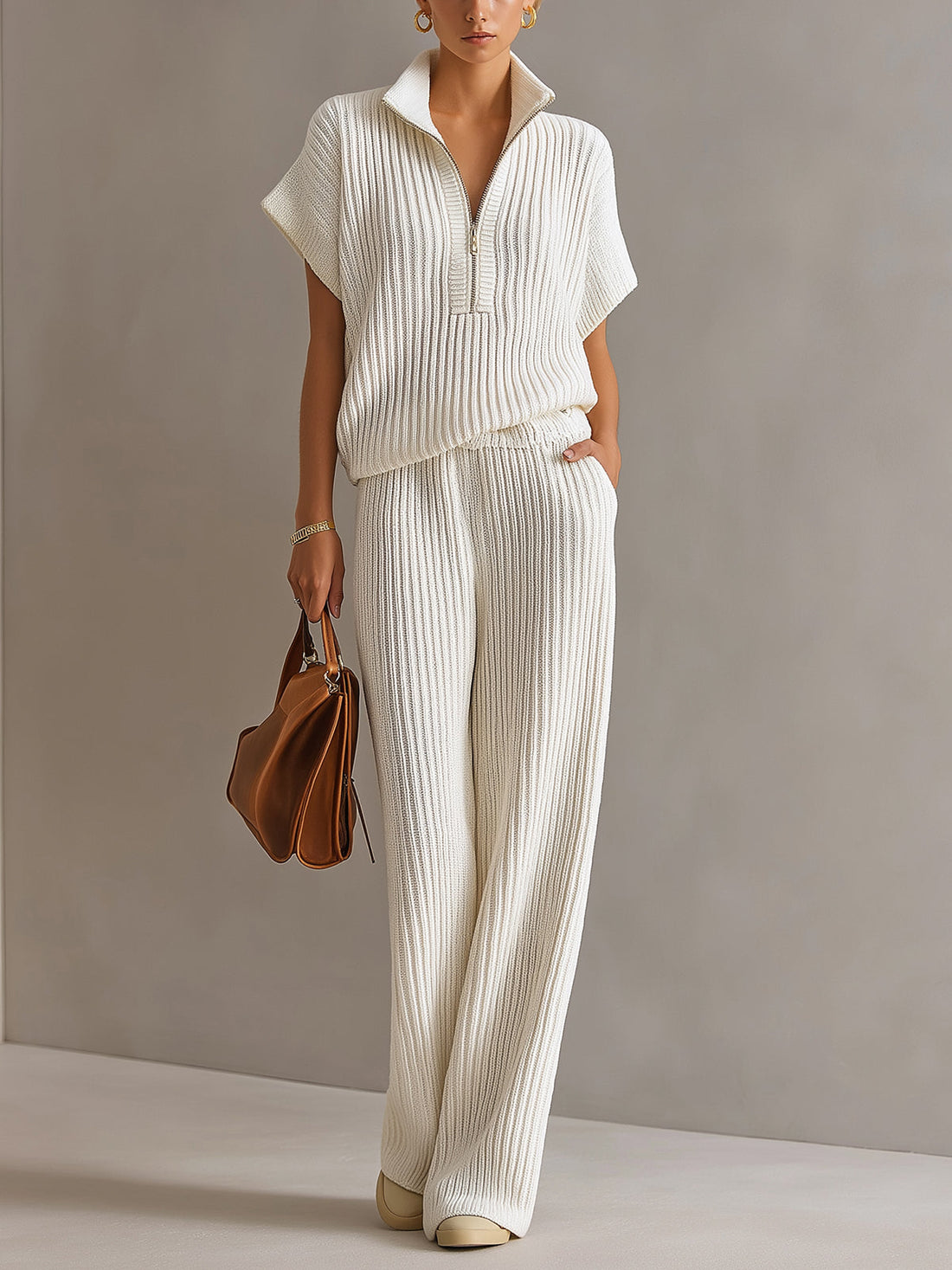 ElevenOra Chic Elegant Cream White Zipper-Up Stand Collar Oversize Short-Sleeve Sweater  Wide-Leg Pants Ribbed Knit Two-Piece Set